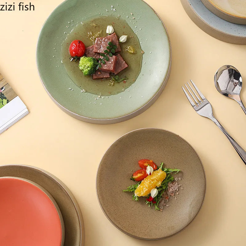 Vintage Round Ceramic Plate Creative Dessert Dim Sum Plate Pastry Plate Steak Plates Sushi Plates Molecular Cuisine Tableware