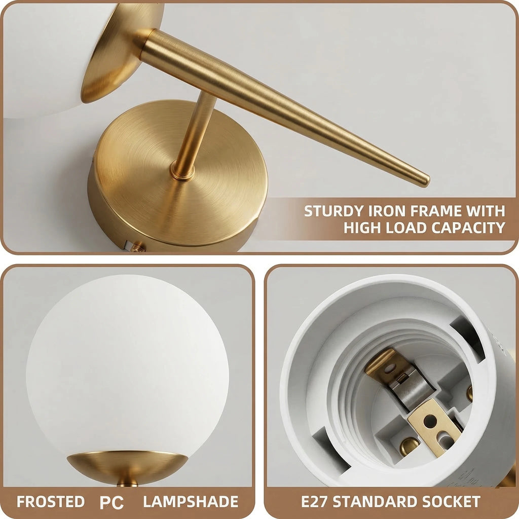 Modern Led Wall Lamps Indoor Golden Wall Lights with Milky PVC Round Ball Bedside Wall Lights Double G9 Bulbs with Light Bulb