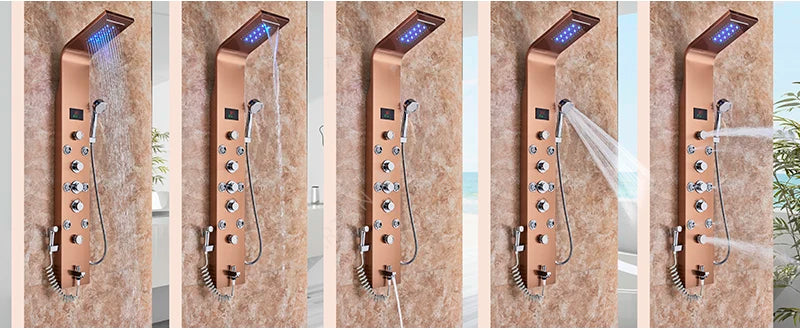 LED Light Bathroom Shower Panel Intelligent LCD Shower Column System with 6 Modes Rain Waterfall Massage Jet Bath Mixer Tap