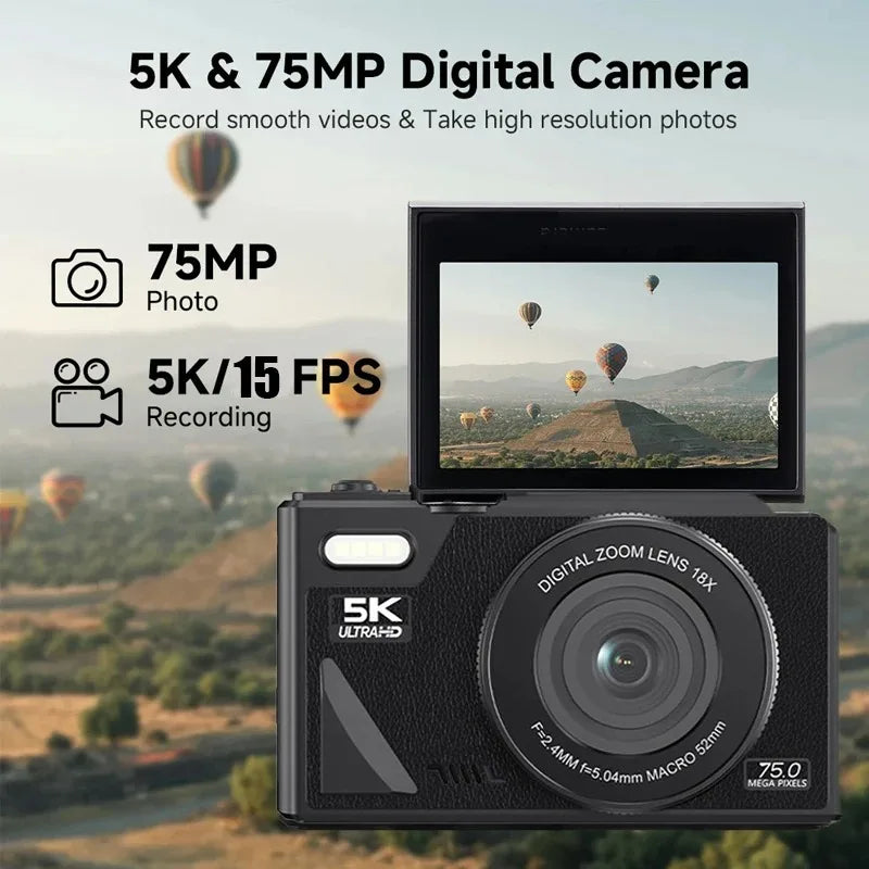 HD 5K Portable Digital Camera 75MP Flip Screen For VLOG Girls Kid Adult Beginners Selfie Camcorder Photography Digital Camera