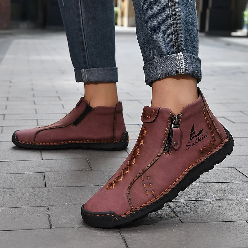 Handmade Leather Casual Shoes For Men Sneakers Men Flat Footwear Zipper Leather Boots Men Ankle Plus Size 39-48