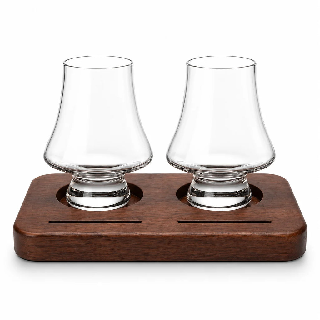 Whiskey Tasting Glasses Set of 2 with Black Walnut Wood Base, 8.5 oz Crystal Glasses with Label Slots