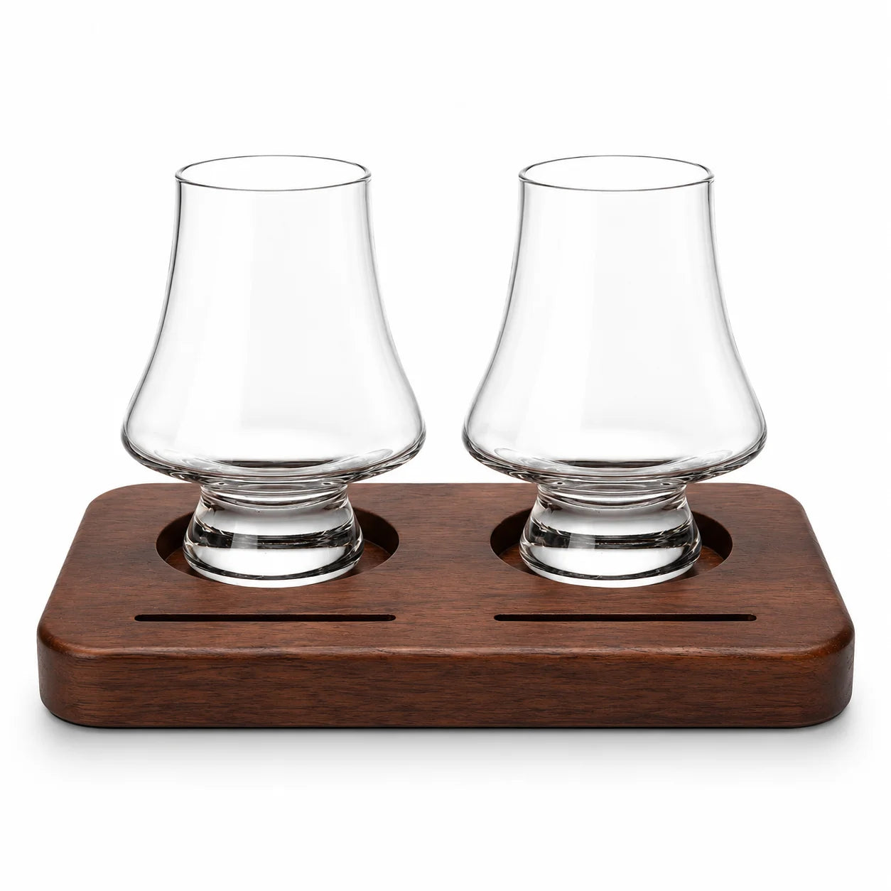Whiskey Tasting Glasses Set of 2 with Black Walnut Wood Base, 8.5 oz Crystal Glasses with Label Slots