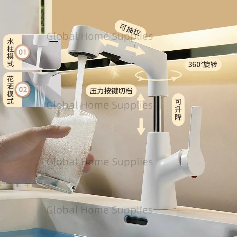 Bathroom Pull Out & Lift Basin Faucet Hot & Cold Water 360° Rotatable Lift Up and Down Single Handel Single Hole Water Mixer Tap