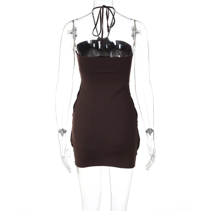 Hugcitar Halter Sleeveless Backless Ruched Sexy Bodycon Mini Prom Dress 2025 Spring Women Y2K Clothes Birthday Party Festival