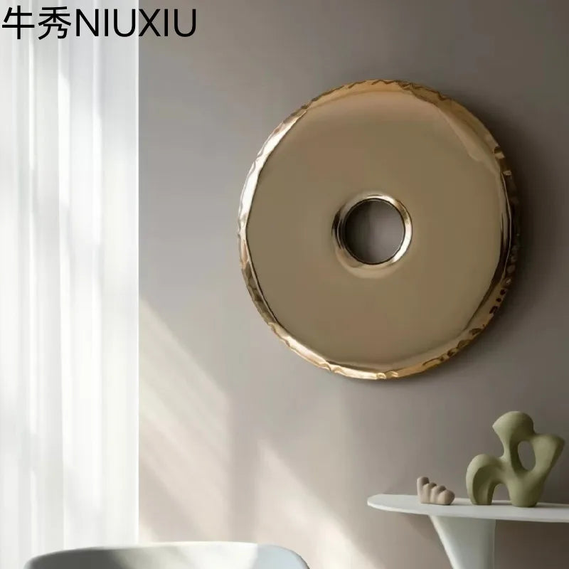 Modern light luxury stainless steel donut wall decoration mirror metal painting hotel model room sofa background