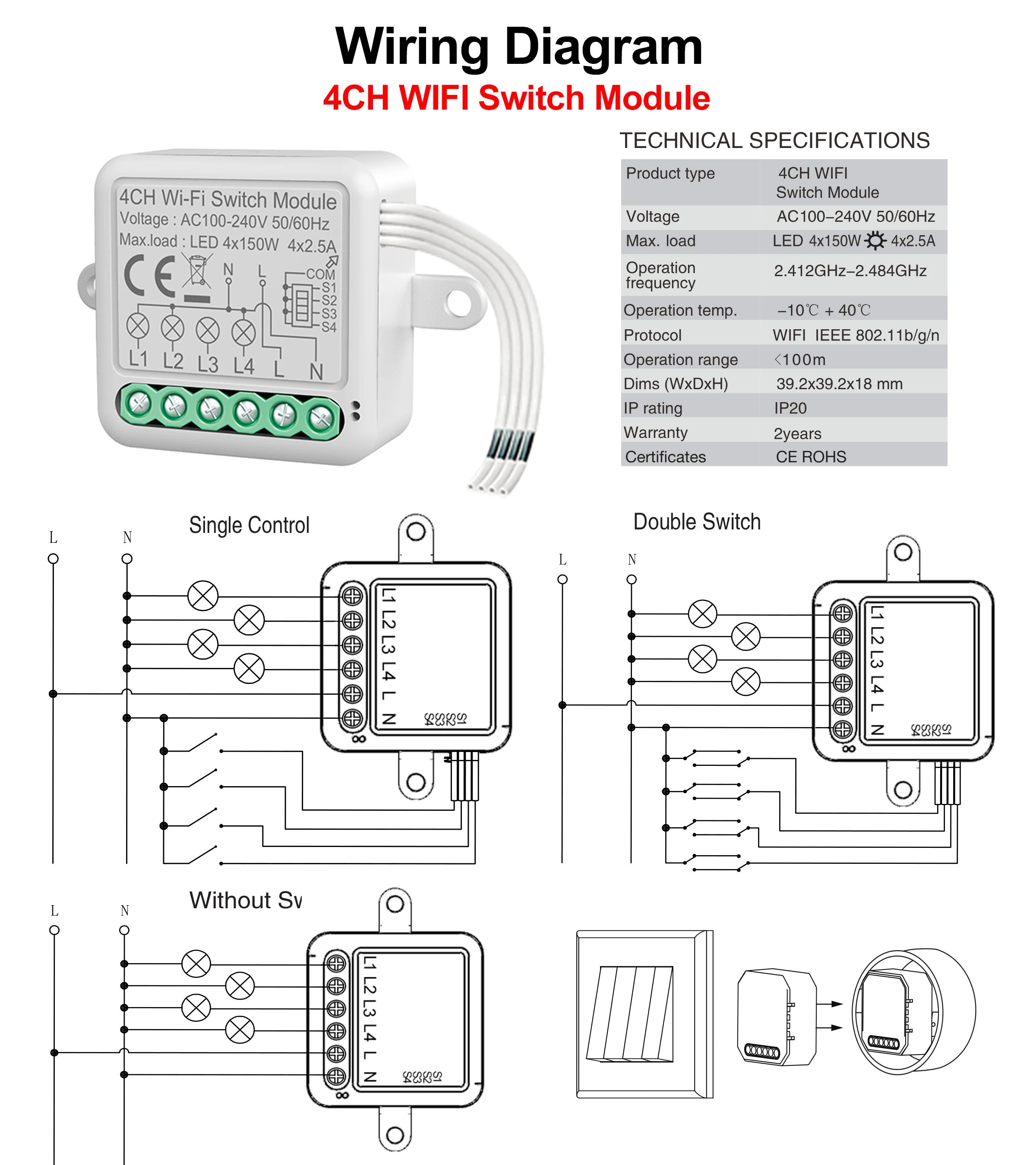 WiFi Smart Switch Module Electrical Switching Breaker 1/2/3/4Gang Lighting Switch Module Mobile for Tuya Smart APP Control Alexa