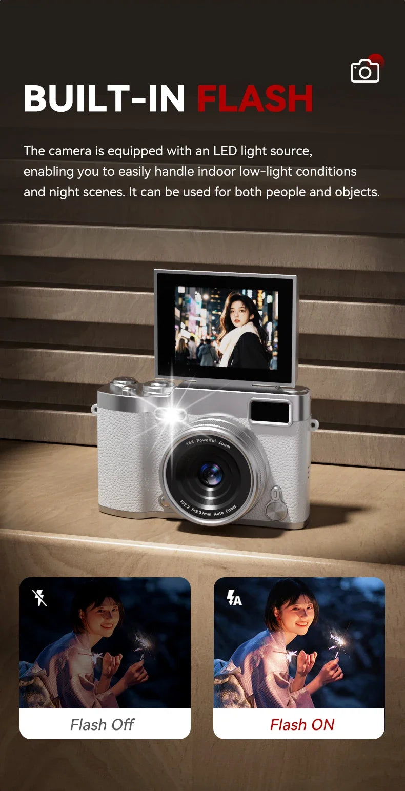 4K Flip Screen CCD Digital Camera 16X Zoom 1080P HD Vlogging Camera Travel Portable Digital Camera with Autofocus Beauty Filter
