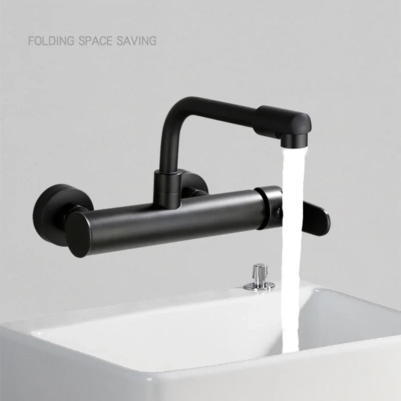 Brass Black Kitchen Faucets 360 Rotate Dual Hole Wall Mounted Silver Bathroom Faucet Cold Hot Water Folding Crane Sink Mixer Tap
