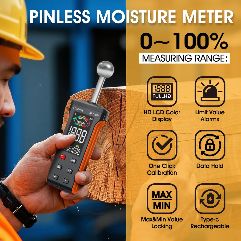 Wood Moisture Meter - Pinless Moisture Detector Measur Depth 20-40mm Non-Destructive Moisture Tester with Masonry