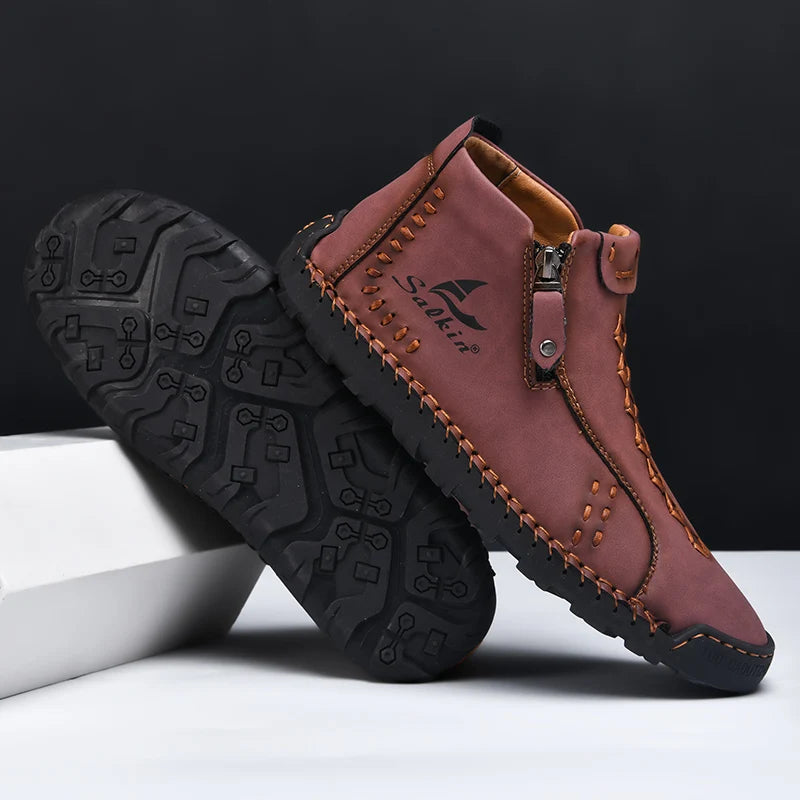 Handmade Leather Casual Shoes For Men Sneakers Men Flat Footwear Zipper Leather Boots Men Ankle Plus Size 39-48