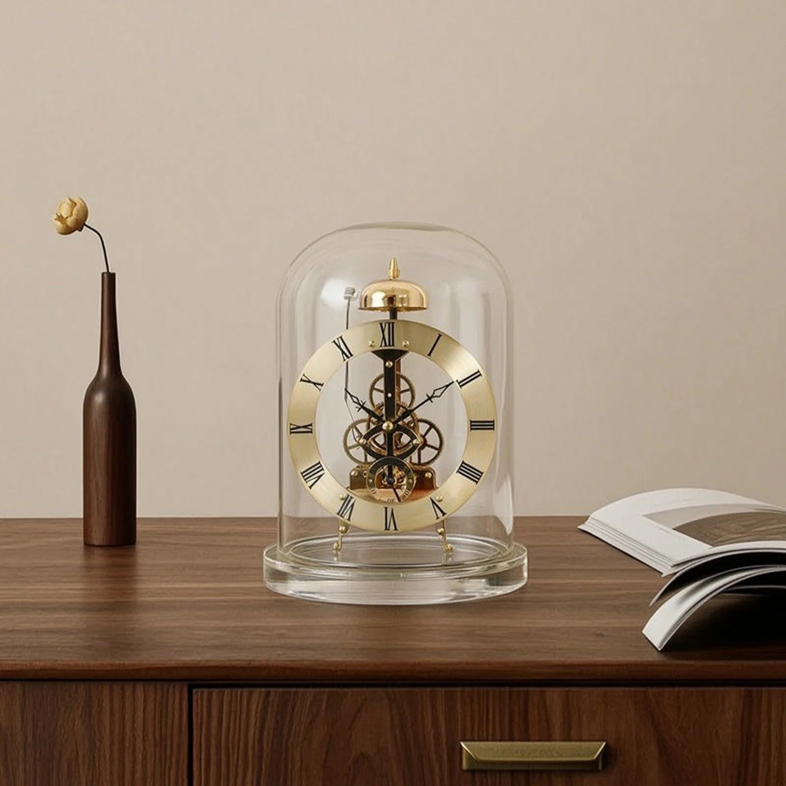 Clock with Glass Dome Mechanical-Style Quartz Skeleton Clock Retro Chiming for Collectors Living Room Home Office Decoration