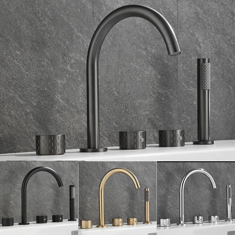 Gray Luxury Brass Deck-Mounted 5-Holes Bathroom Bath Tub Rotating Faucet Mixer Bathtub Basin Water Tap With Spray 3 Handles