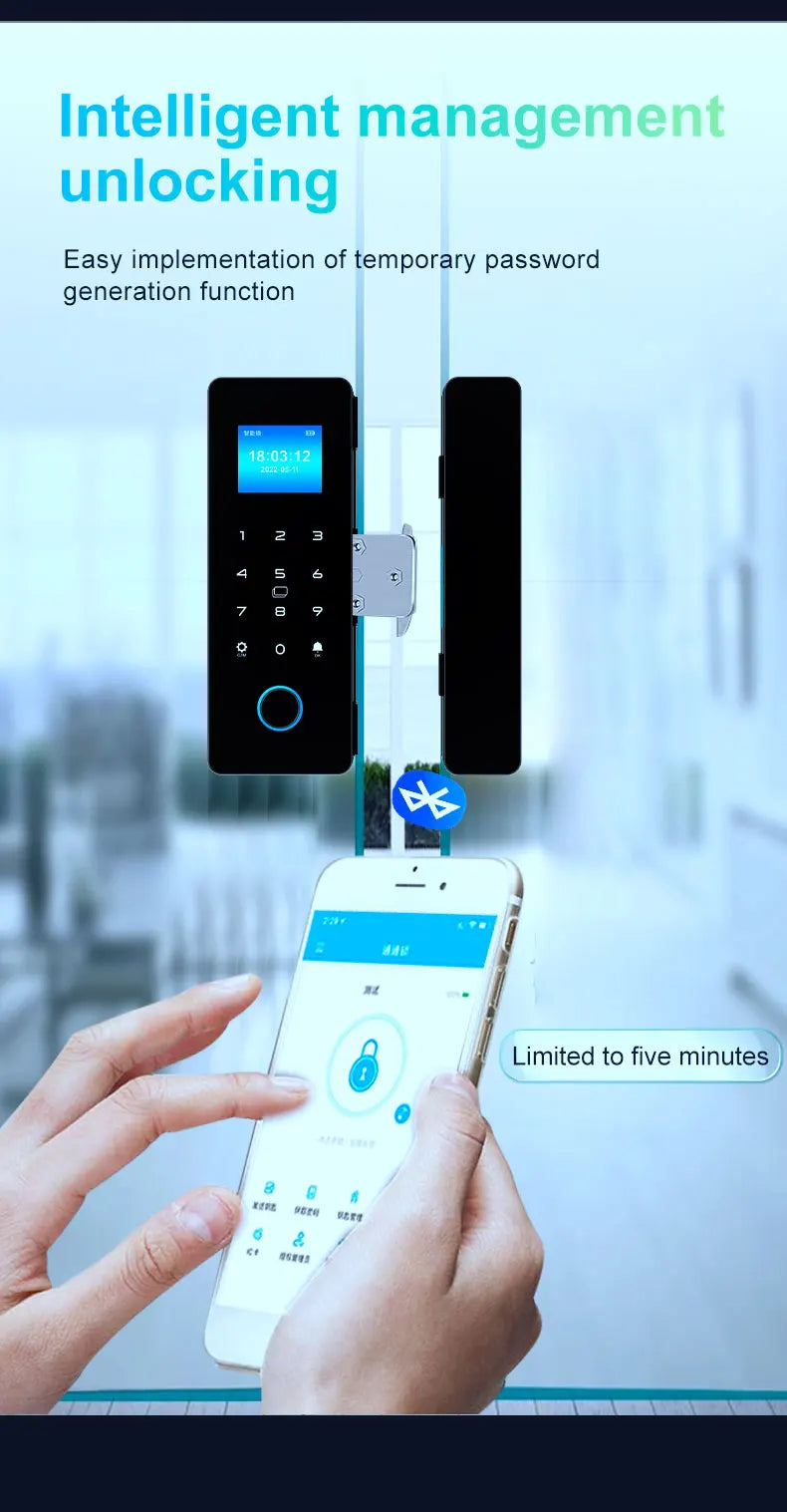 Electronic Digital Lock Fingerprint Glass Door Lock Bluetooth HAHA-Lock App Passcode IC Card Keyless Smart Phone Attendance Lock