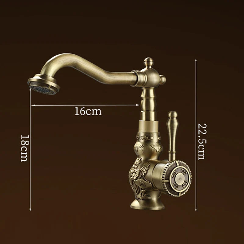 Luxury Antique Bronze Copper Carving Deck Mounted Kitchen Faucet Bathroom Basin Faucet Sink Faucet Mixer Hot and Cold Water Tap