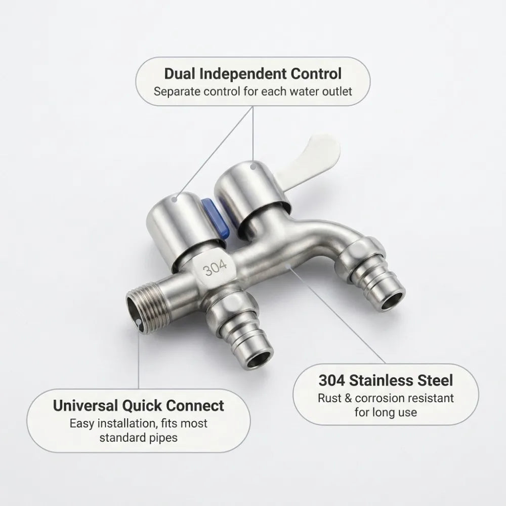 Stainless Steel Faucet Double Outlet Dual Control Water Tap One in Two Out 1/2" Faucet Bidet Faucets Garden Bathroom Accessories