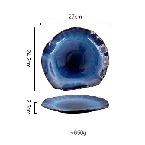 Ceramic Plates Deep Blue Irregular Flat Plate Pottery Dish Household Decoration Tableware Dinnerware Tray Hotel Kitchen Supplies