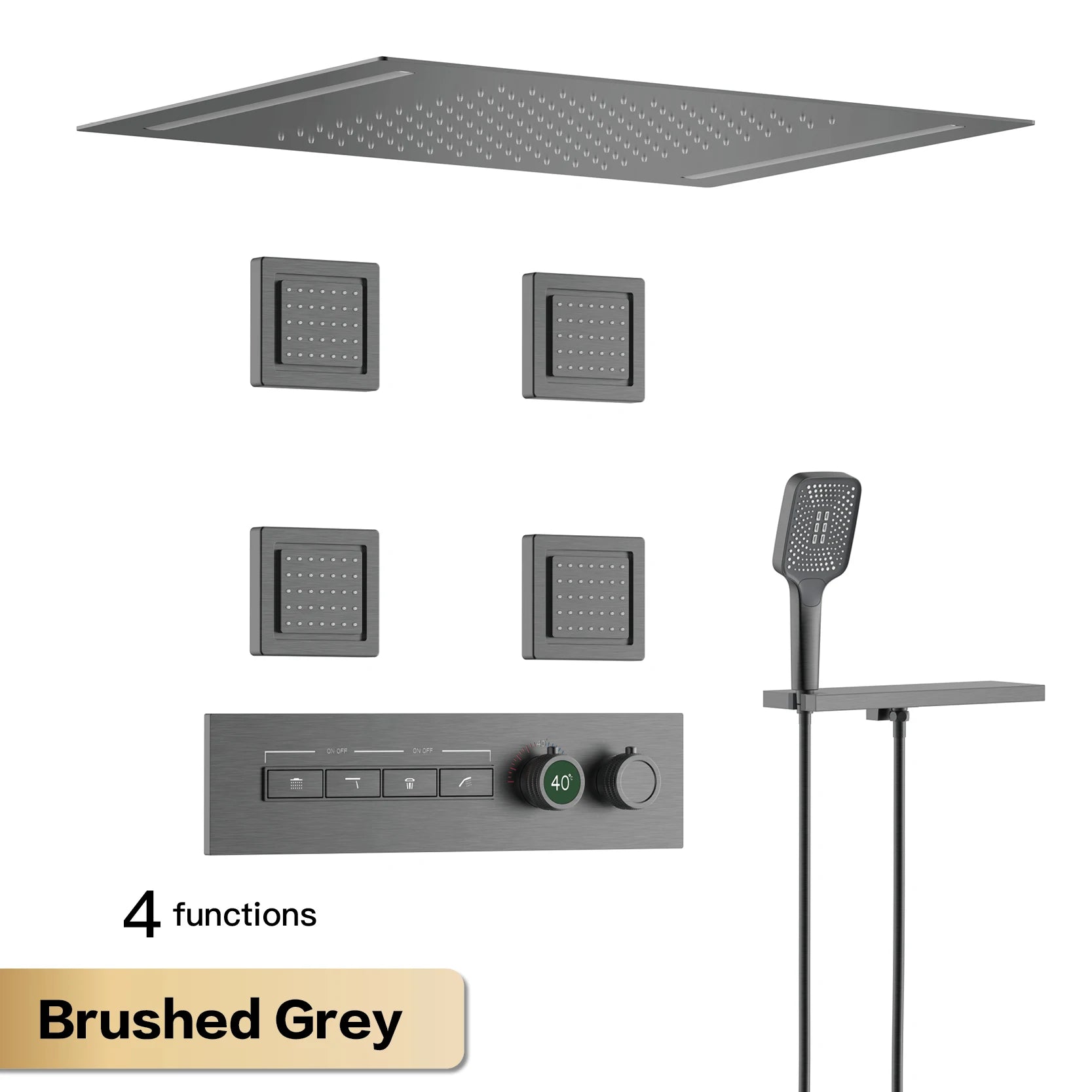 Luxury Gun Grey Brass Thermostatic Shower System Ceiling-Embedded Rainfall&Waterfall Outlet with LED Display Bathroom Mixer Tap