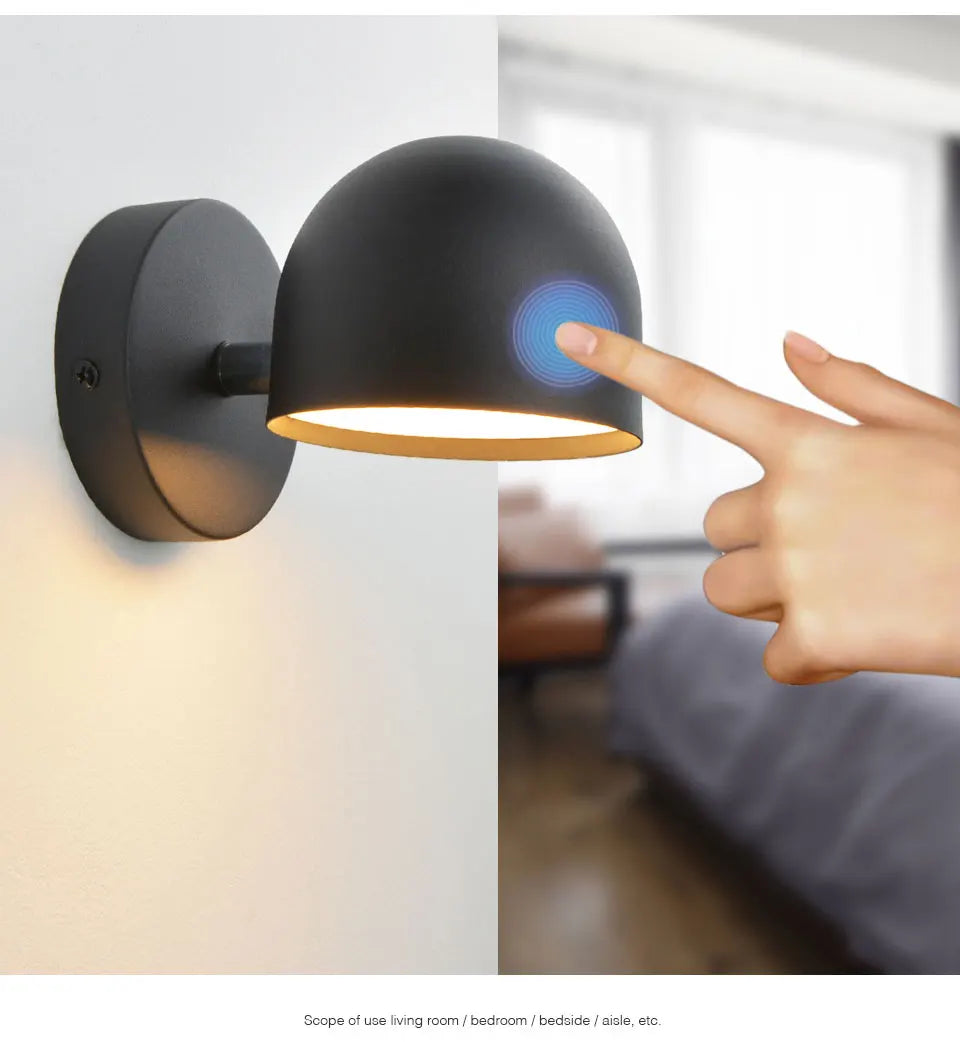 LED Indoor Wall Lamp Touch Dimming Wall Light 350° Rotatable Black White Lamp Hotel Aisle Bedroom Bedside Reading Wall Sconce