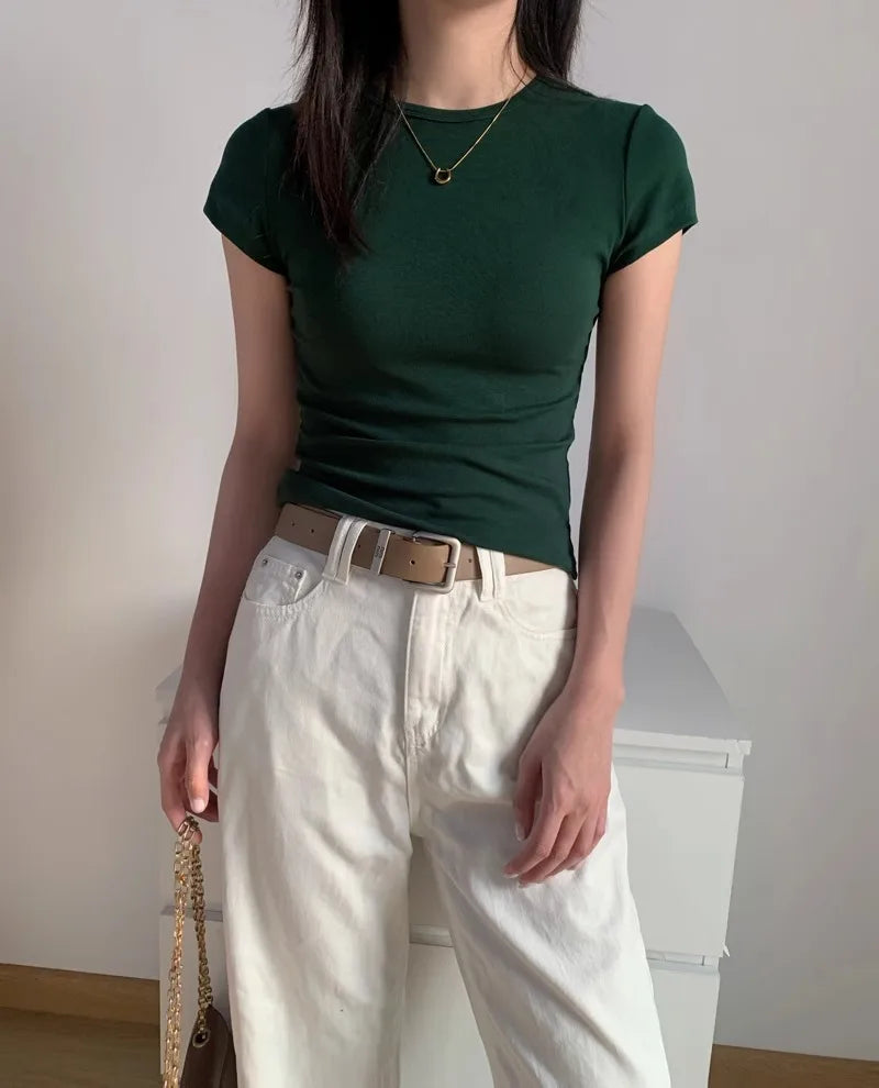 Green Slim Fit Short Sleeve T-Shirt Women's Summer New Style Pure Cotton round Neck Body Shaping Slimming Commute Style Korea...