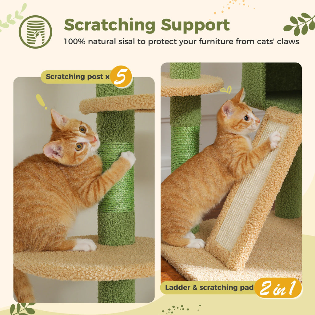 Height Adjustable Wooden Cat Tree with Large Hammock Sisal Scratching Posts Floor to Ceiling Cat Tower Cozy Cat Condo for Indoor