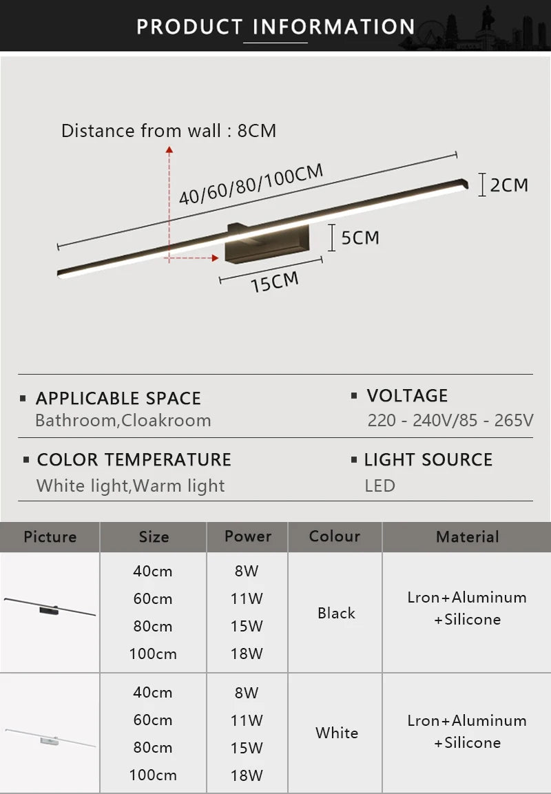 Modern Bathroom 100cm Mirror-front Lamp Bedroom Bedhead Home LED Wall Lights Aluminum Simple Strip Indoor Makeup Mirror Lighting