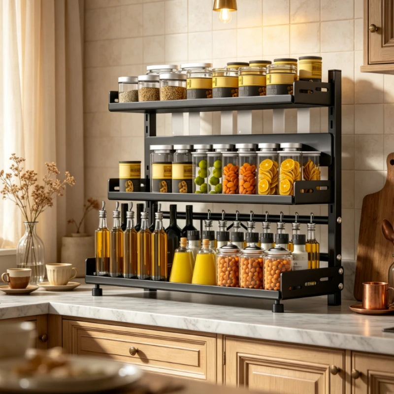 Kitchen Countertop Organizer Rack with Adjustable Feet Knife Storage Removable Shelves Multifunctional Space-Saving for Home