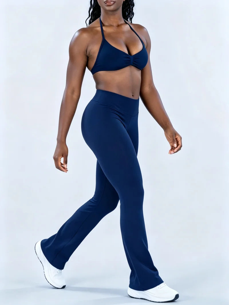 Sexy Women Flare Leggings Set Seamless Hip Lifting Fitness Flared Pants Suit Open Back Gym Strappy Bra Yoga Flares Legging Sets