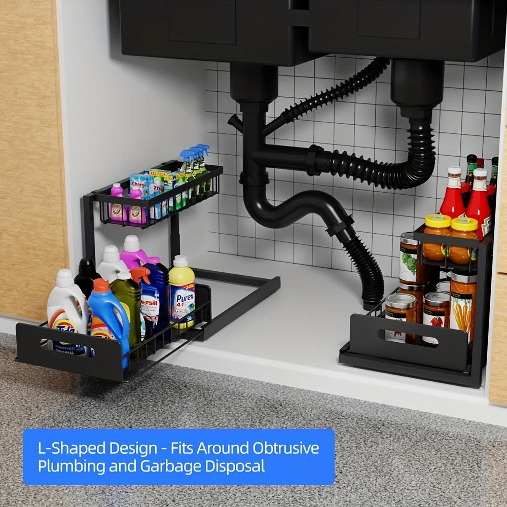 2-Tier Sliding Under Sink Organizer - Rustproof Metal Storage for Kitchen & Bathroom Cabinets,Ideal for Cleaning Supplies
