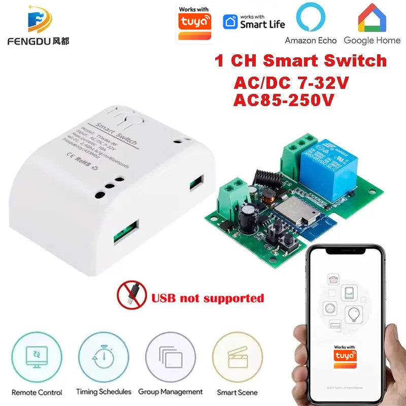 Wifi Smart Switch 1CH 7-32V Mini Wifi Light Controller 433 RF Receiver Gate Garage Opener 10A Works with Tuya App 1 Gang Relay