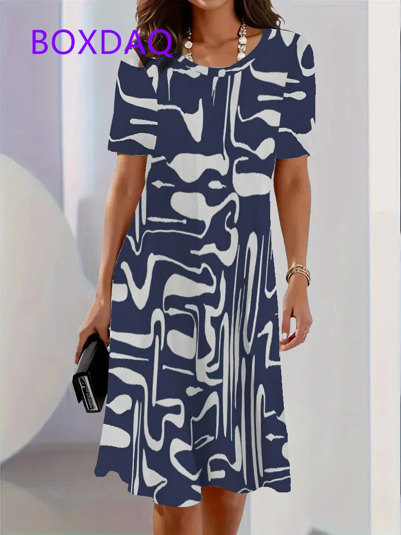 Fashion Trend 3D Imitation Denim Pattern Women's Dress New Summer Street Denim Flower Print Short Sleeve Loose Casual Mini Dress