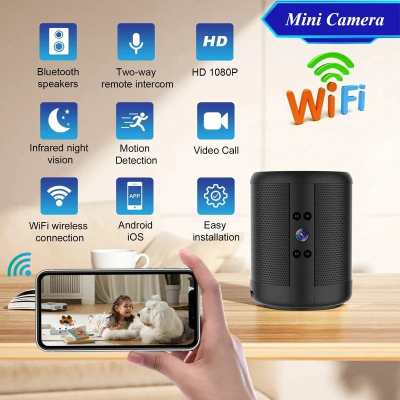 Mini Home Security Surveillance Camera, 4K HD, WiFi, Bluetooth Speaker, Two-Way Remote Intercom, Night Vision Cam,  Battery