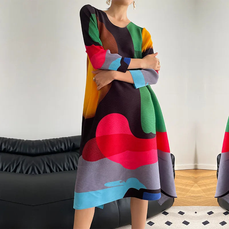 Miyake Pleated Print Dress 2024 New Early Spring Fashion Elegant A-line Swing Dress Elegant Women's Clothing High-quality