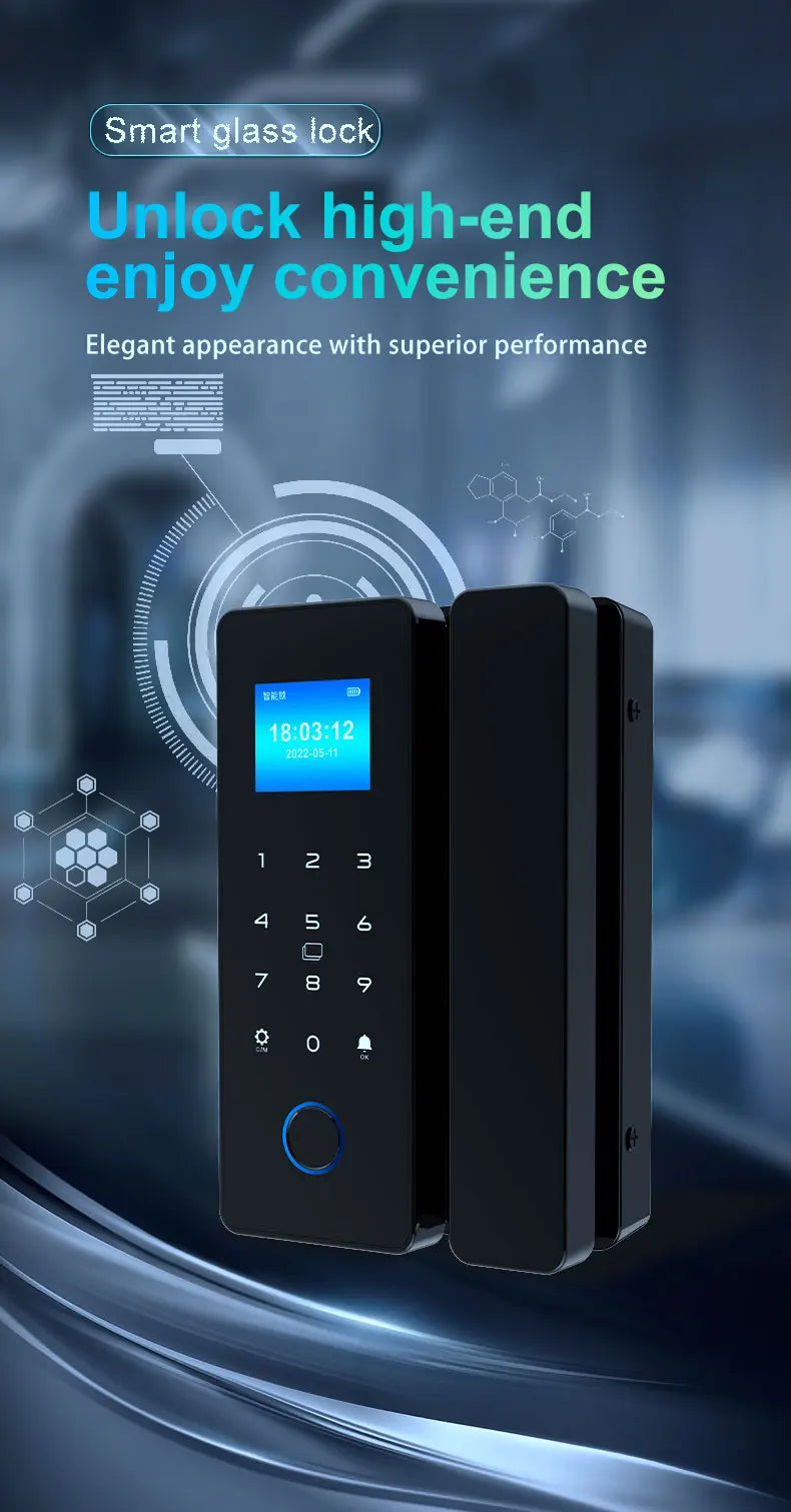 Electronic Digital Lock Fingerprint Glass Door Lock Bluetooth HAHA-Lock App Passcode IC Card Keyless Smart Phone Attendance Lock