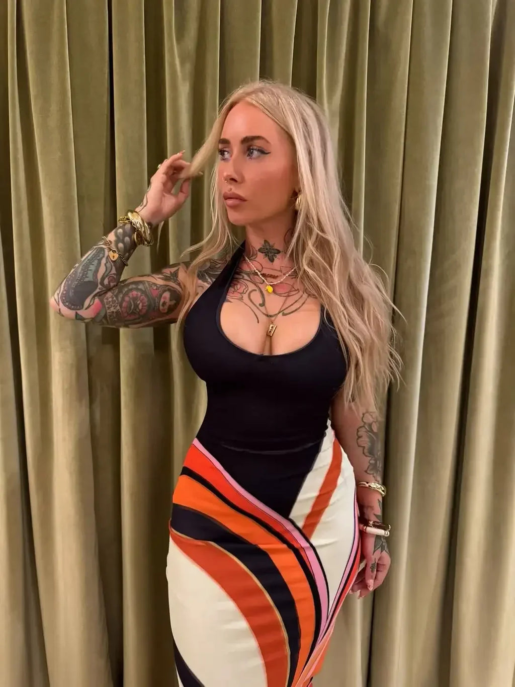Fashion Solid Striped Patchwork Halter Maxi Dress Women's Sexy U-neck Waist-cinching Dresses 2026 Summer Party Holiday Vestidos