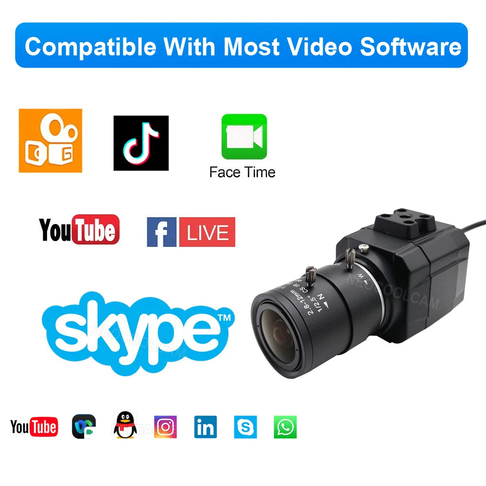 HD 4K USB Webcam With 2.8-12mm Varifocal Zoom Lens 2K 4MP PC Usb Video Camera UVC OTG Plug And Play For Live Streaming