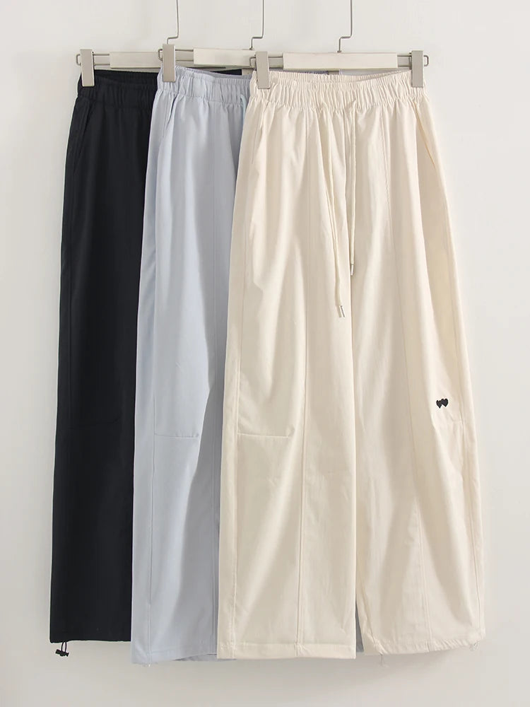 Blue Straight Pants For Women Elastic Wiast Jogger Quick-dry Sweatpants Baggy Embroidery Trousers Ladies Wide Leg Sport Pants