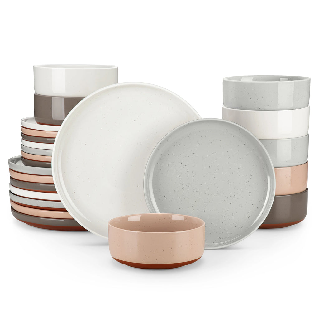 MALACASA TARA 12/24 Pcs Dinnerware Set Curved Edge Sesame Glaze Stoneware Plates Set With 4/6pcs Dinner Plate/Dessert/Bowl