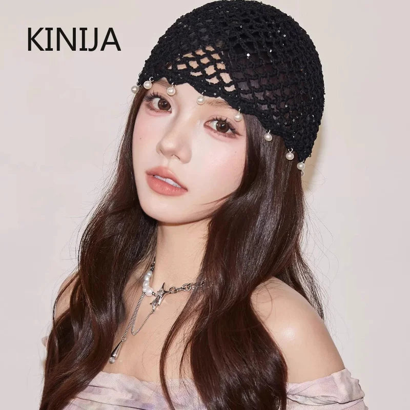 Fashion Hollowed Out Woven Pullover Hats Crochet Breathable Beret Cap Pearl Fringed Retro Beanies Cap for Women Summer Korean