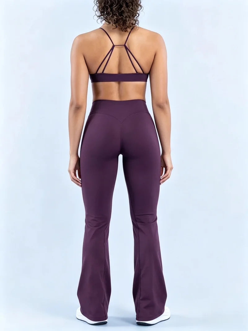 2Pcs Women Sports Yoga Set Halter Neck Sports Bra Flare Leggings Seamless Hip Lifting Quick Dry Gym Fitness Workout Activewear