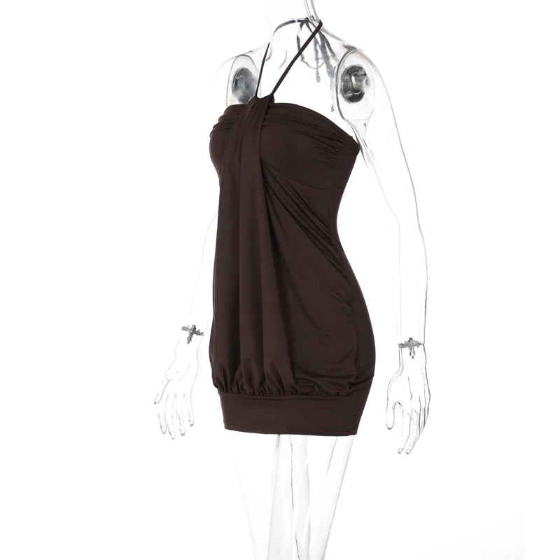 Hugcitar Halter Sleeveless Backless Ruched Sexy Bodycon Mini Prom Dress 2025 Spring Women Y2K Clothes Birthday Party Festival