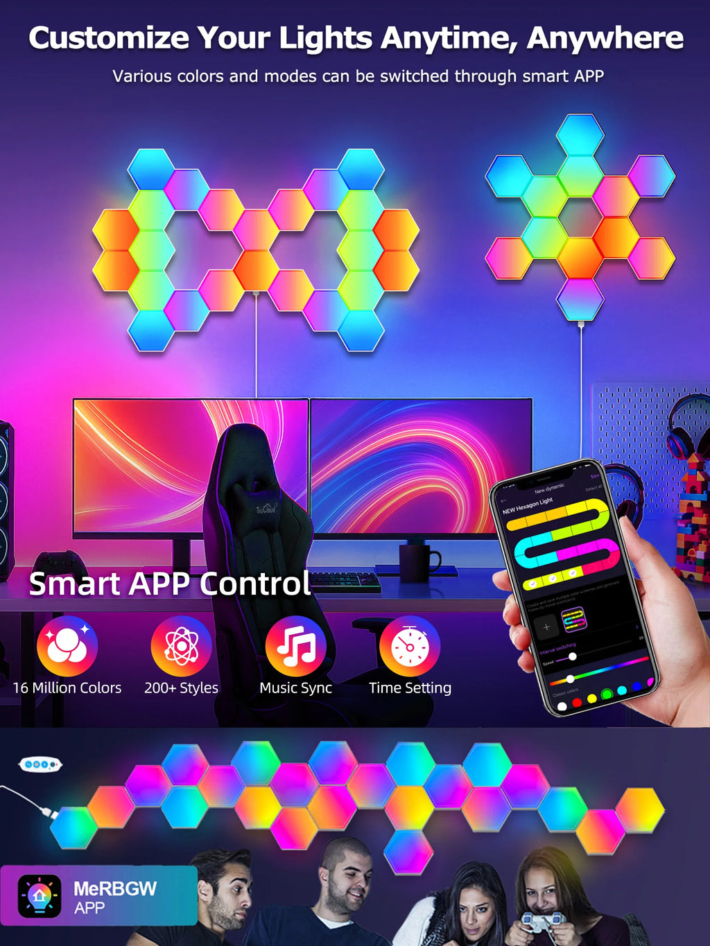 Smart LED Hexagonal Wall Lamp Quantum Panel Music Sync APP Control for Game Room Bedroom Living Room Decor Birthday Christm Gift