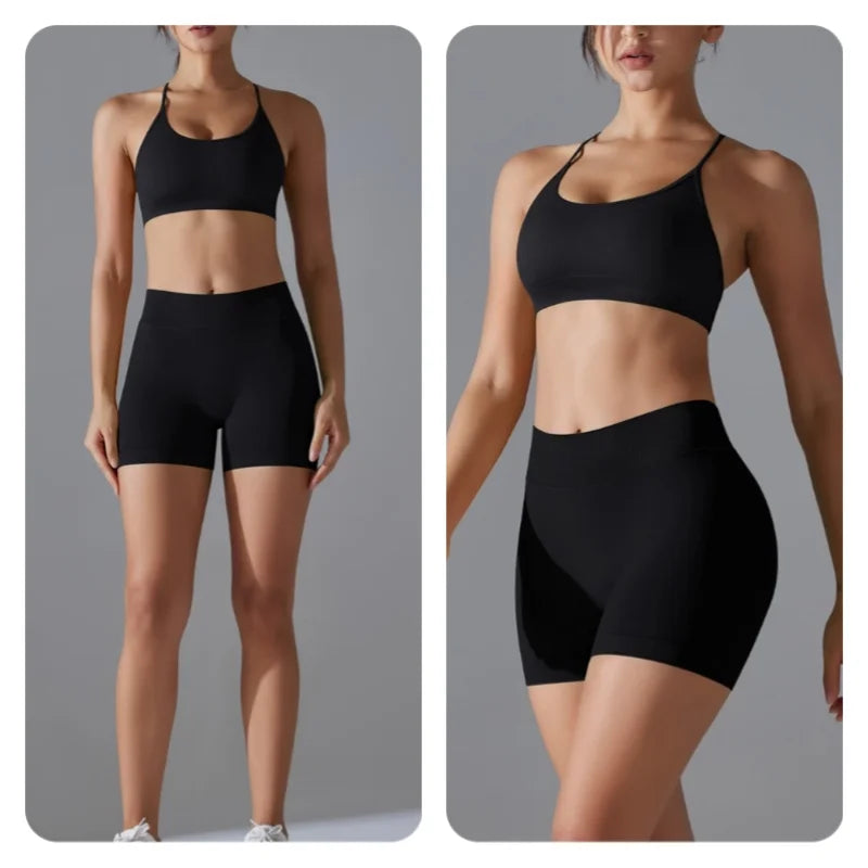Women's Seamless Solid Color Cross Back High Elasticity Tight and Sexy Sports Bra Yoga Suit Set, Running and Fitness Two Pieces