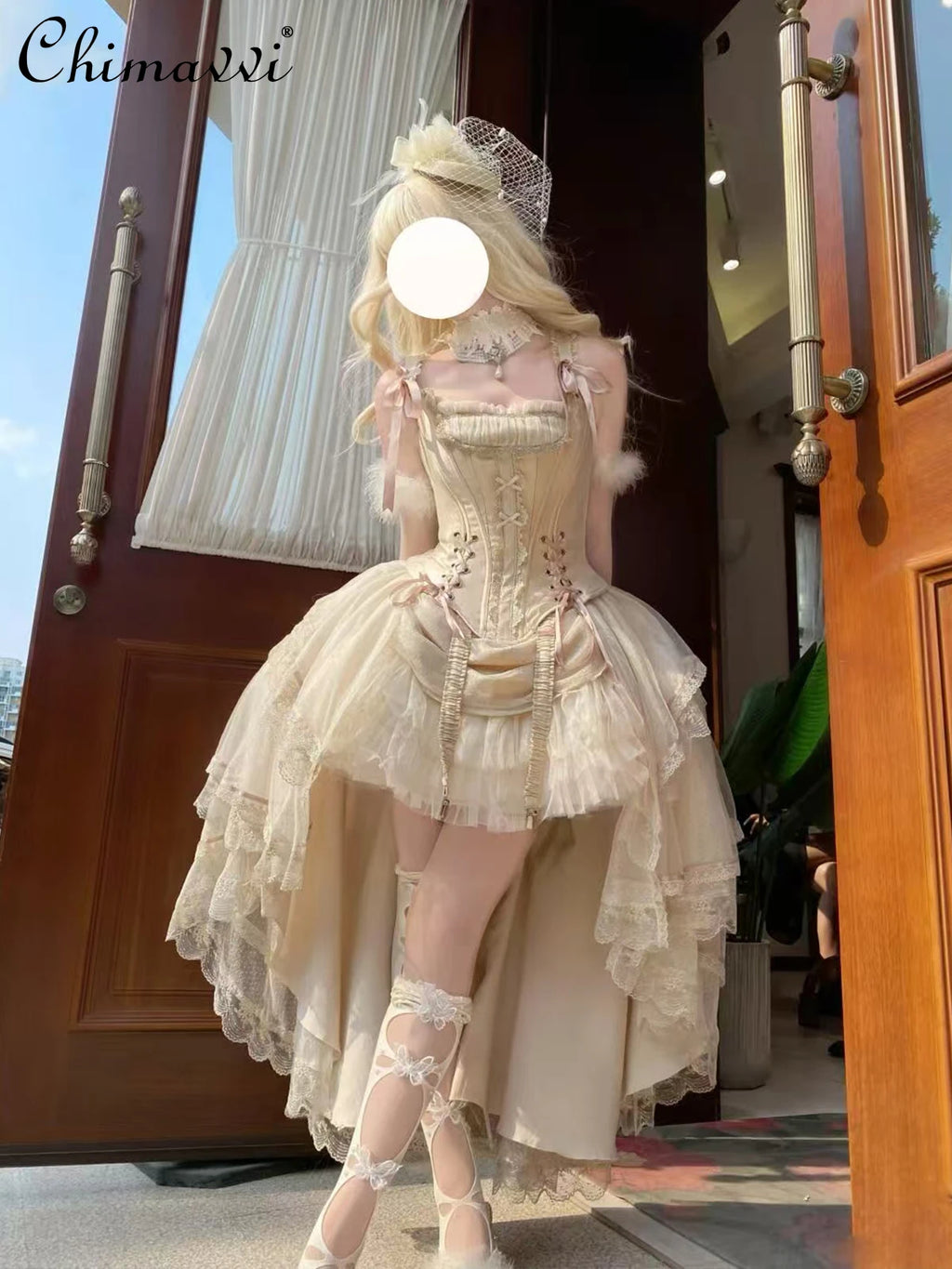 Princess Lolita Evening Dress Champagne Gold Front Short Back Long Gorgeous CLA Dress Vintage Fairy Lolita Birthday Party Dress