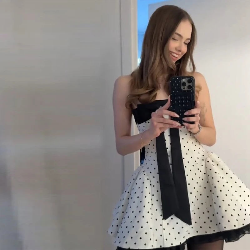 Women's Vintage Polka Dot Strapless Mini Dress Oversized Bow Fit And Flare Lace Hem Skirt 2026 Sweet Cool Party Date Club Outfit