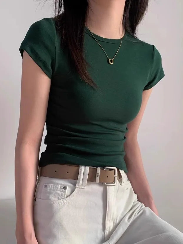 Green Slim Fit Short Sleeve T-Shirt Women's Summer New Style Pure Cotton round Neck Body Shaping Slimming Commute Style Korea...