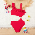 Bikini Girls Kids Swimsuits One Shoulder Ruffles Swimwear Solid Color Backless Bathing Suit