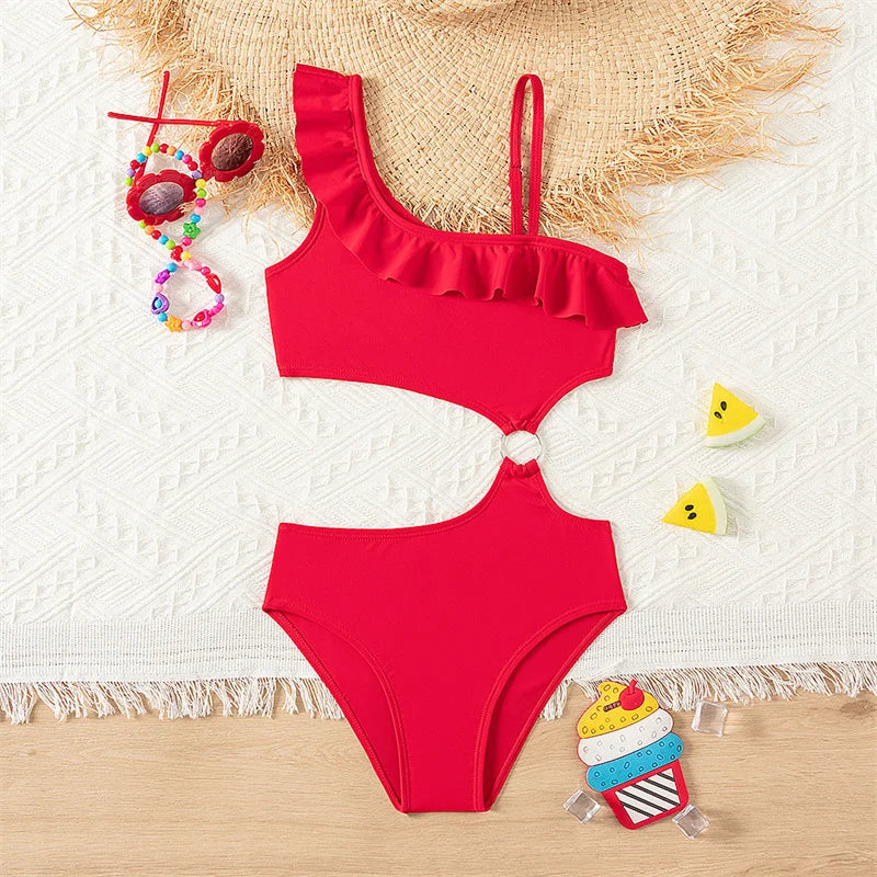 Bikini Girls Kids Swimsuits One Shoulder Ruffles Swimwear Solid Color Backless Bathing Suit
