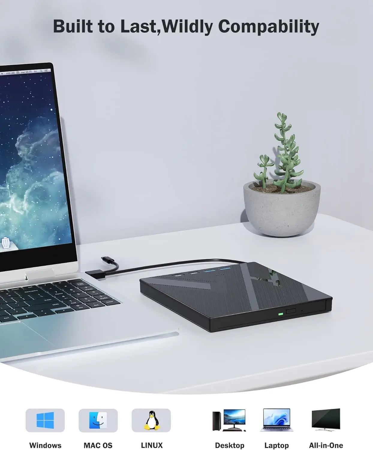7 in 1 External Bluray Optical Drive for Laptop PC USB 3.0 Type-C BD DVD CD-RW Player Portable Burner with SD/TF Card Slot