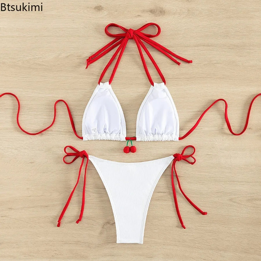 2026 Summer Swimwear Bikini Set Fashion Sexy Backless Bikini 2 Piece Set Women Laced Up Split Swimsuit High Waist Beach Bikini